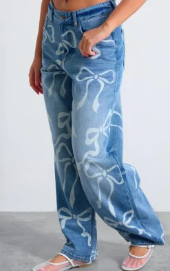 Light Blue Ribbon Detail Laser Print Jeans