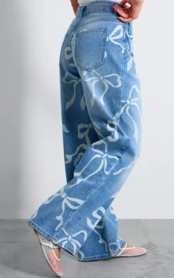 Light Blue Ribbon Detail Laser Print Jeans