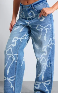 Light Blue Ribbon Detail Laser Print Jeans