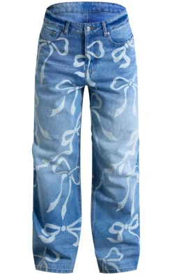 Light Blue Ribbon Detail Laser Print Jeans