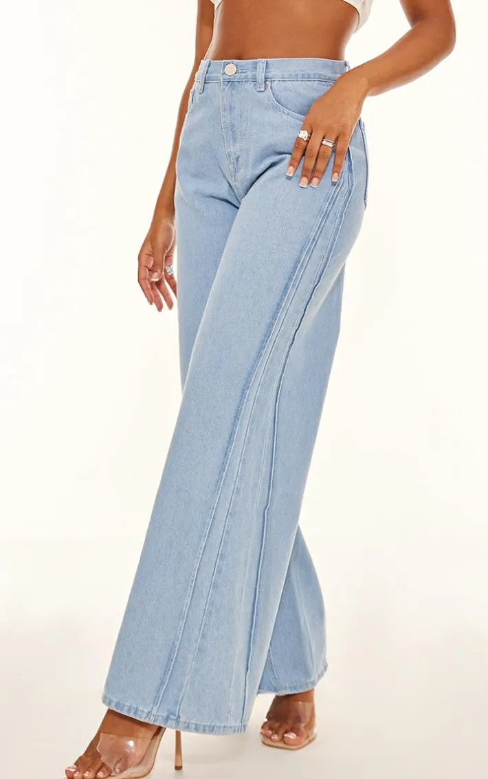 Light Blue Seam Detail Wide Leg Denim Jean