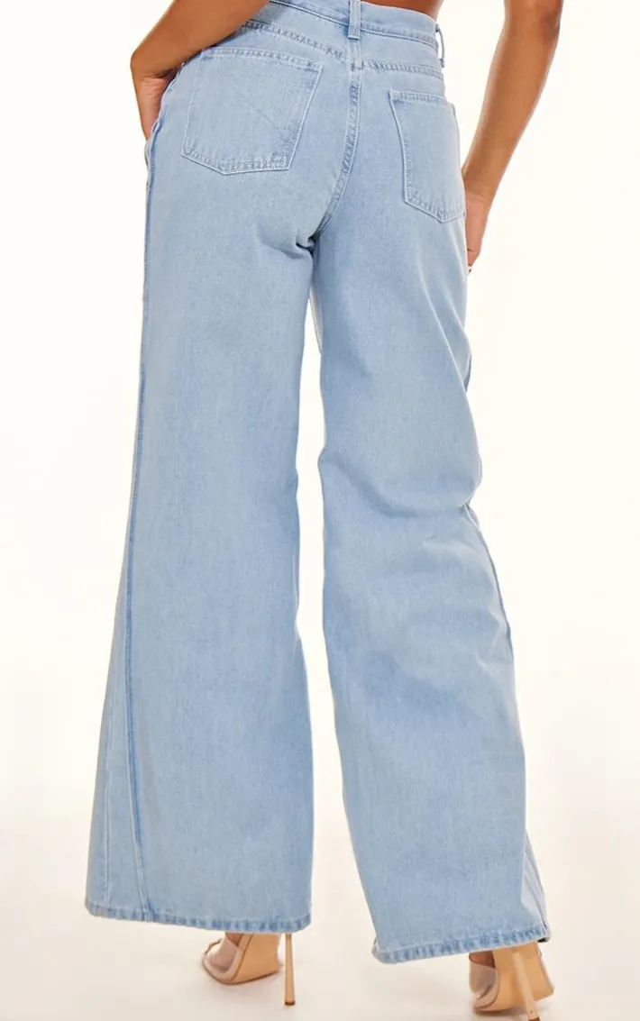 Light Blue Seam Detail Wide Leg Denim Jean