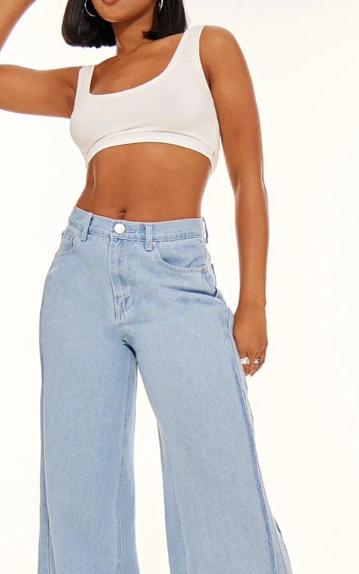 Light Blue Seam Detail Wide Leg Denim Jean
