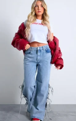 Light Blue Side Lace Up Bow Detail Wide Leg Jeans