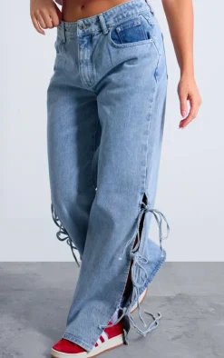 Light Blue Side Lace Up Bow Detail Wide Leg Jeans