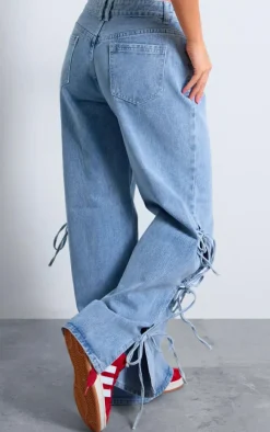 Light Blue Side Lace Up Bow Detail Wide Leg Jeans