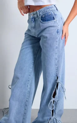 Light Blue Side Lace Up Bow Detail Wide Leg Jeans