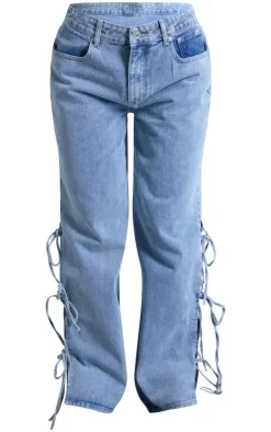 Light Blue Side Lace Up Bow Detail Wide Leg Jeans