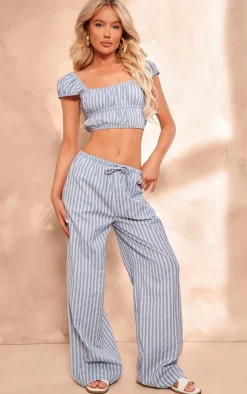 Sale PrettyLittleThing Striped Linen Look Cap Sleeve Ruched Crop Top Light Blue