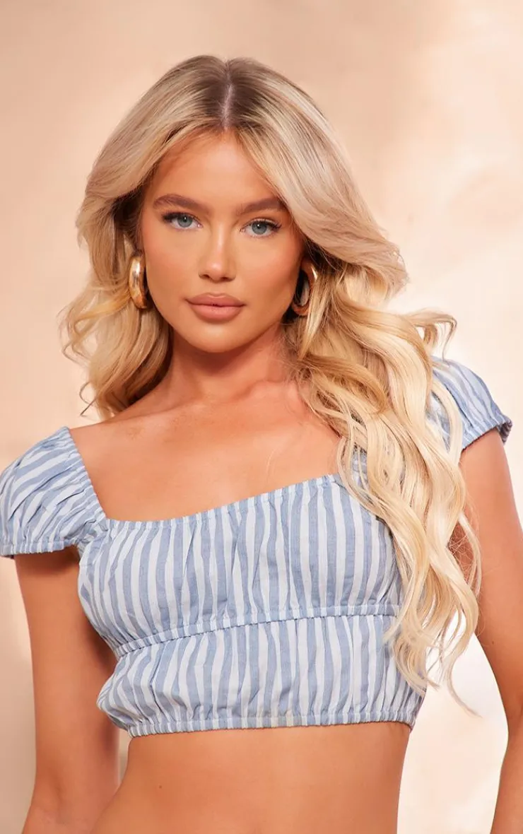 Sale PrettyLittleThing Striped Linen Look Cap Sleeve Ruched Crop Top Light Blue