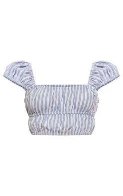 Sale PrettyLittleThing Striped Linen Look Cap Sleeve Ruched Crop Top Light Blue