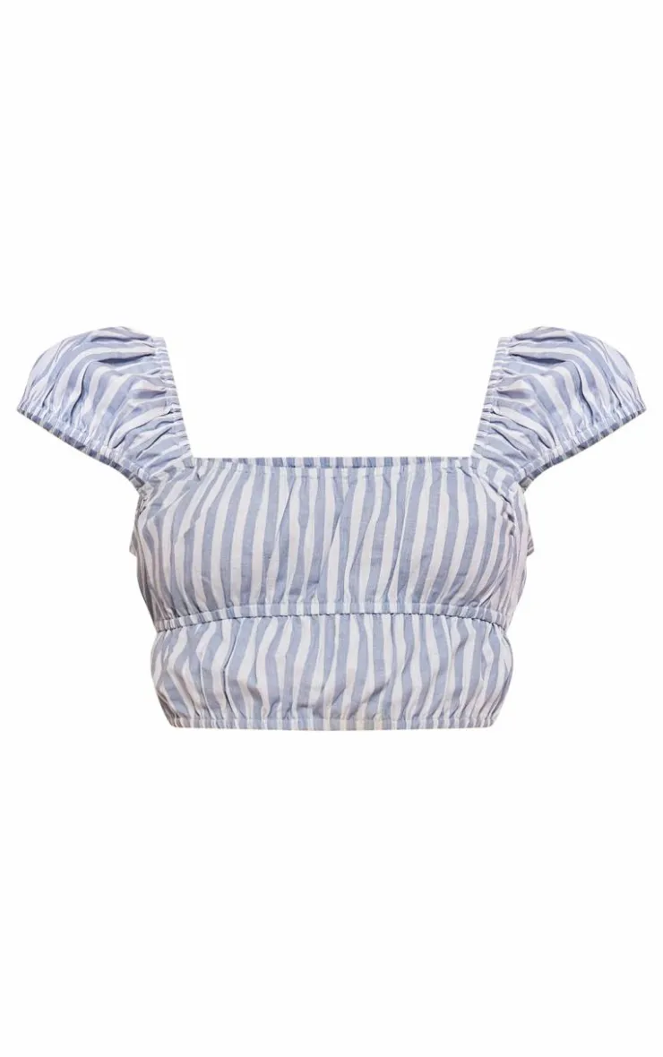 Sale PrettyLittleThing Striped Linen Look Cap Sleeve Ruched Crop Top Light Blue