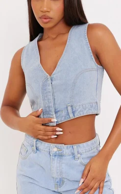 Online PrettyLittleThing Upside Down Jean Denim Vest Light Blue