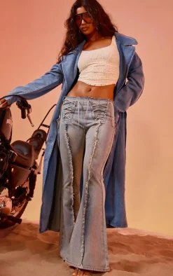 Light Blue Vintage Wash Front Frayed Seam Lace Up Detail Flared Jeans