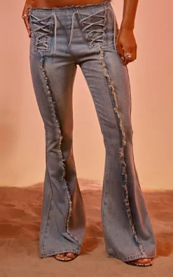 Light Blue Vintage Wash Front Frayed Seam Lace Up Detail Flared Jeans