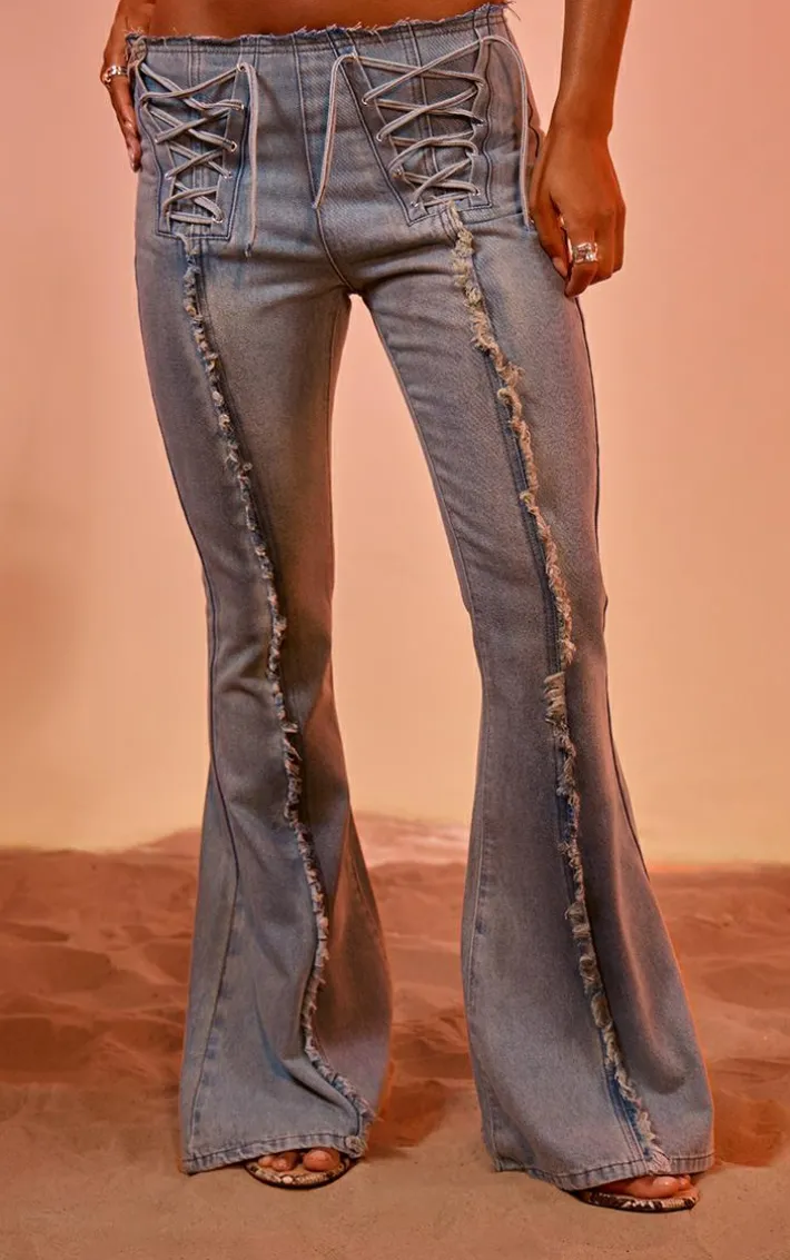 Light Blue Vintage Wash Front Frayed Seam Lace Up Detail Flared Jeans
