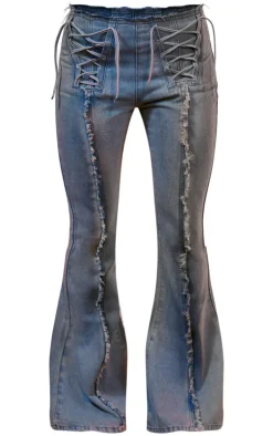 Light Blue Vintage Wash Front Frayed Seam Lace Up Detail Flared Jeans