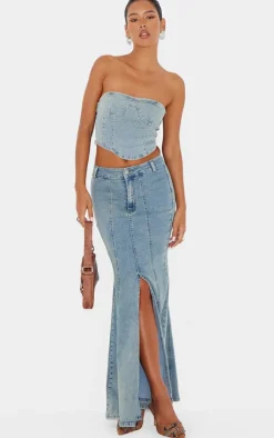 PrettyLittleThing Vintage Wash Seam Detail Split Maxi Skirt Light Blue