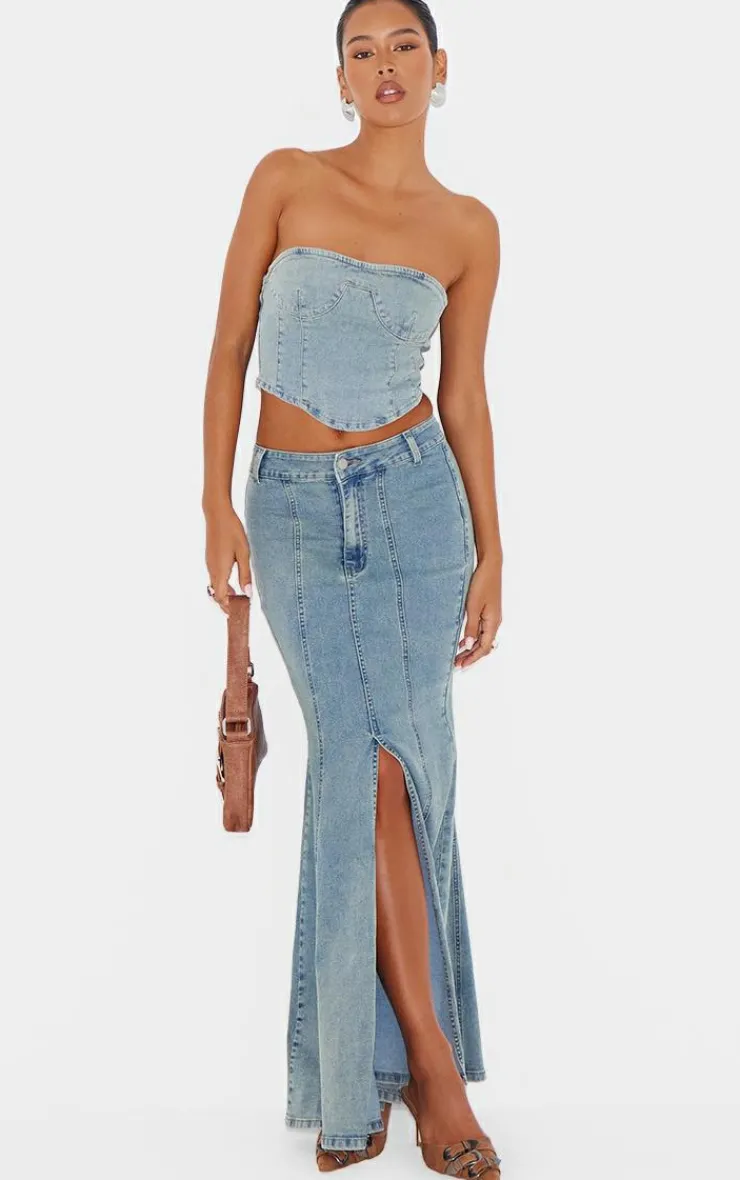 PrettyLittleThing Vintage Wash Seam Detail Split Maxi Skirt Light Blue