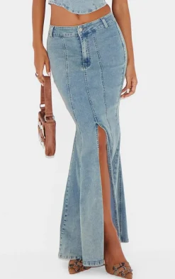 PrettyLittleThing Vintage Wash Seam Detail Split Maxi Skirt Light Blue
