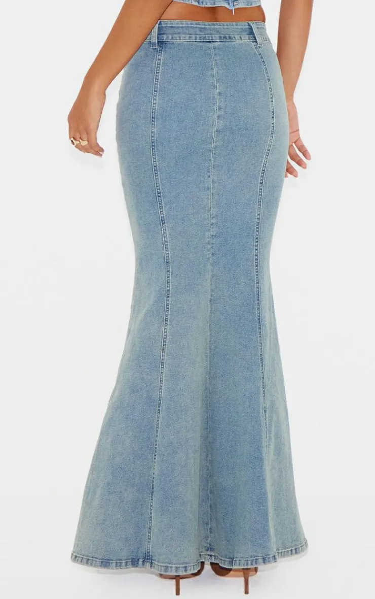 PrettyLittleThing Vintage Wash Seam Detail Split Maxi Skirt Light Blue