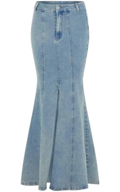 PrettyLittleThing Vintage Wash Seam Detail Split Maxi Skirt Light Blue