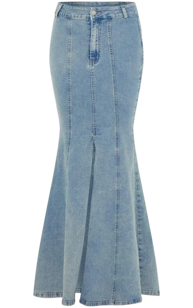 PrettyLittleThing Vintage Wash Seam Detail Split Maxi Skirt Light Blue