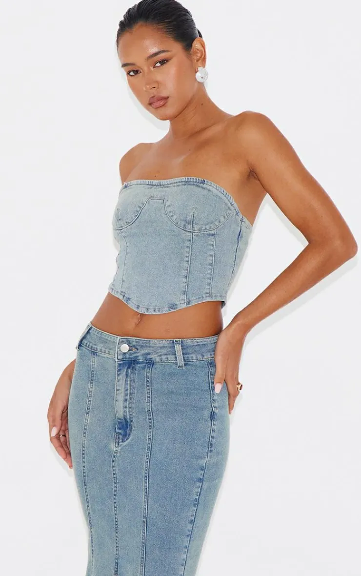 Online PrettyLittleThing Vintage Wash Seam Detail Denim Corset Top Light Blue