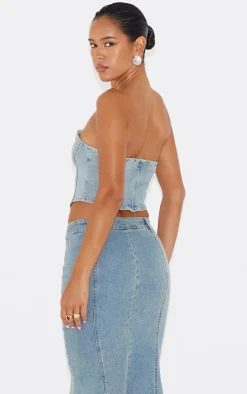 Online PrettyLittleThing Vintage Wash Seam Detail Denim Corset Top Light Blue