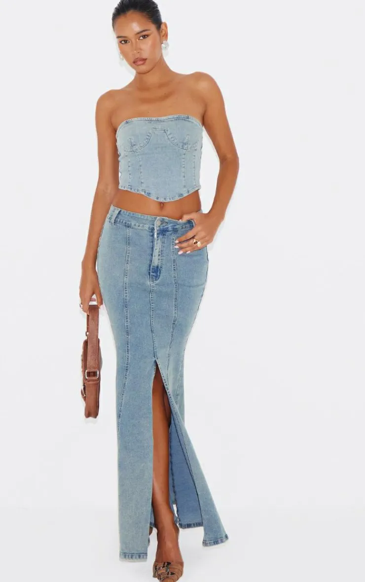 Online PrettyLittleThing Vintage Wash Seam Detail Denim Corset Top Light Blue