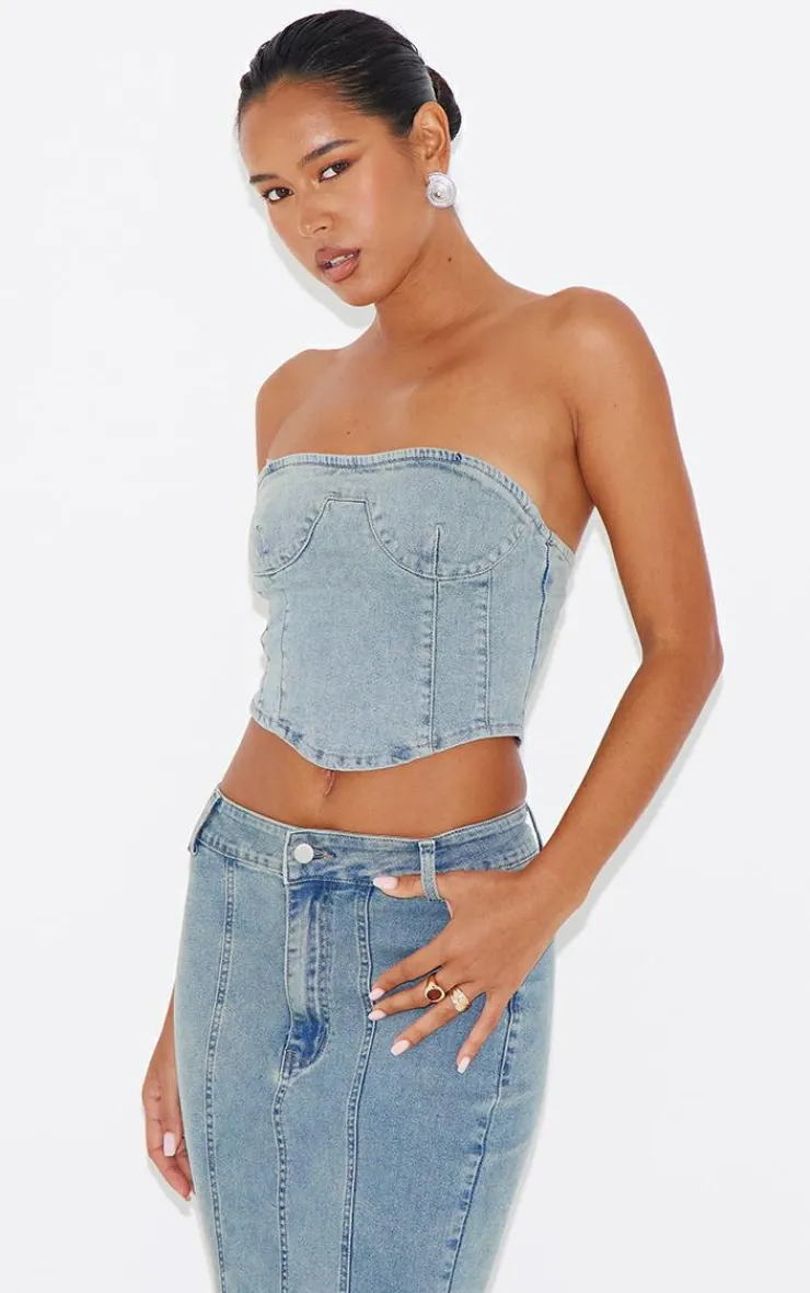 Online PrettyLittleThing Vintage Wash Seam Detail Denim Corset Top Light Blue