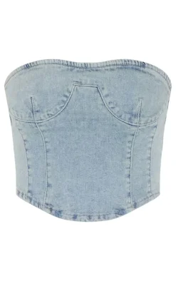 Online PrettyLittleThing Vintage Wash Seam Detail Denim Corset Top Light Blue