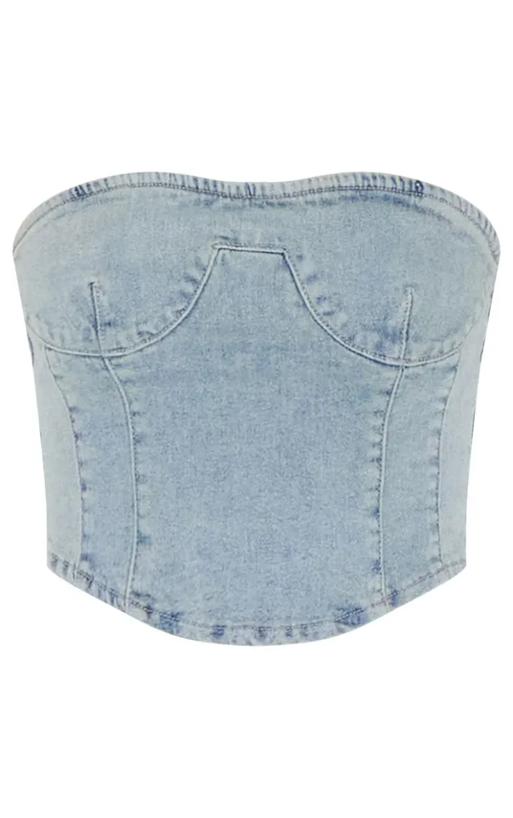 Online PrettyLittleThing Vintage Wash Seam Detail Denim Corset Top Light Blue