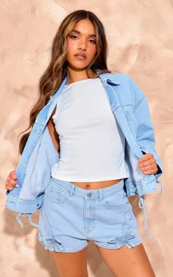 Hot PrettyLittleThing Bow Detail High Waist Denim Hot Pants Light Blue Wash