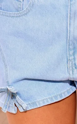 Hot PrettyLittleThing Bow Detail High Waist Denim Hot Pants Light Blue Wash