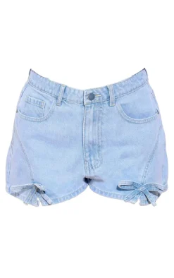 Hot PrettyLittleThing Bow Detail High Waist Denim Hot Pants Light Blue Wash
