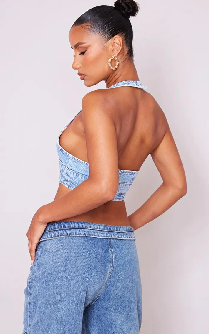 Light Blue Wash Buckle Front Denim Halterneck Top