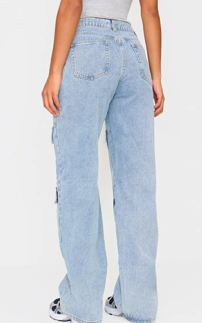 Light Blue Wash Cargo Front Pocket Baggy Boyfriend Jeans