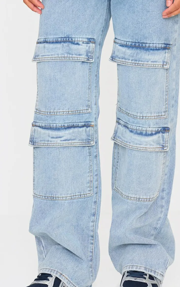 Light Blue Wash Cargo Front Pocket Baggy Boyfriend Jeans