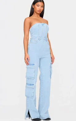 Light Blue Wash Cargo Pocket Bandeau Denim Jumpsuit