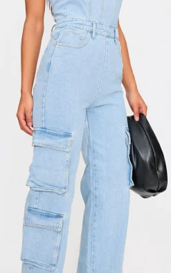 Light Blue Wash Cargo Pocket Bandeau Denim Jumpsuit
