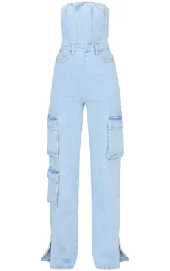 Light Blue Wash Cargo Pocket Bandeau Denim Jumpsuit