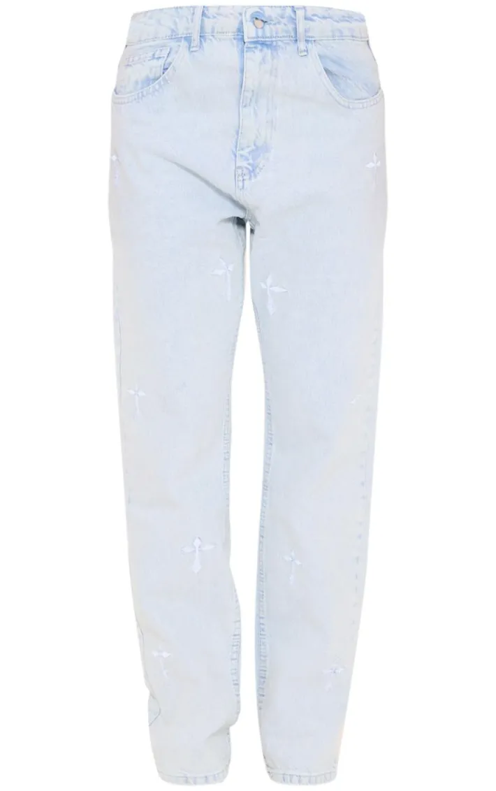 Light Blue Wash Cross Print Long Leg Straight Leg Jeans