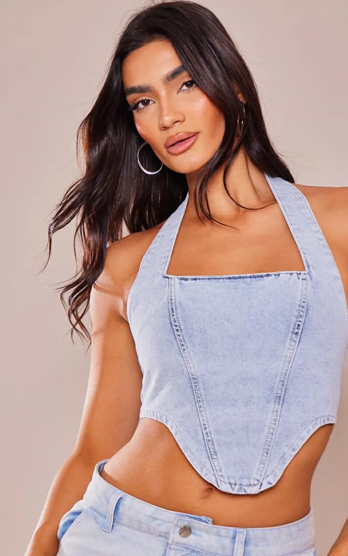 Light Blue Wash Denim Dip Hem Halterneck Top