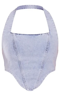 Light Blue Wash Denim Dip Hem Halterneck Top