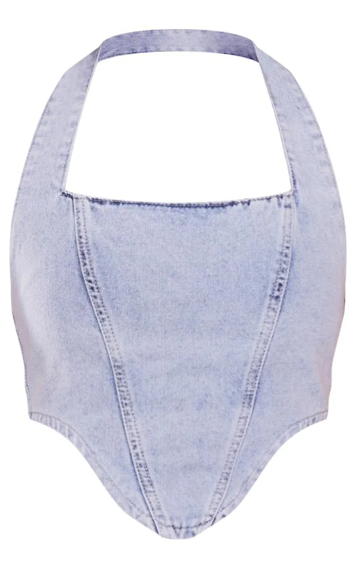Light Blue Wash Denim Dip Hem Halterneck Top