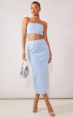 New PrettyLittleThing Denim Maxi Skirt Light Blue Wash