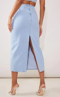 New PrettyLittleThing Denim Maxi Skirt Light Blue Wash