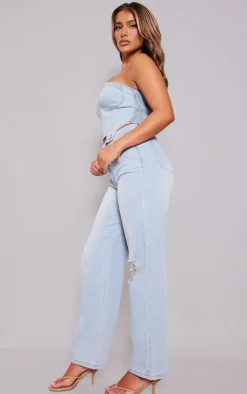 Light Blue Wash Detachable Bandeau Denim Jumpsuit