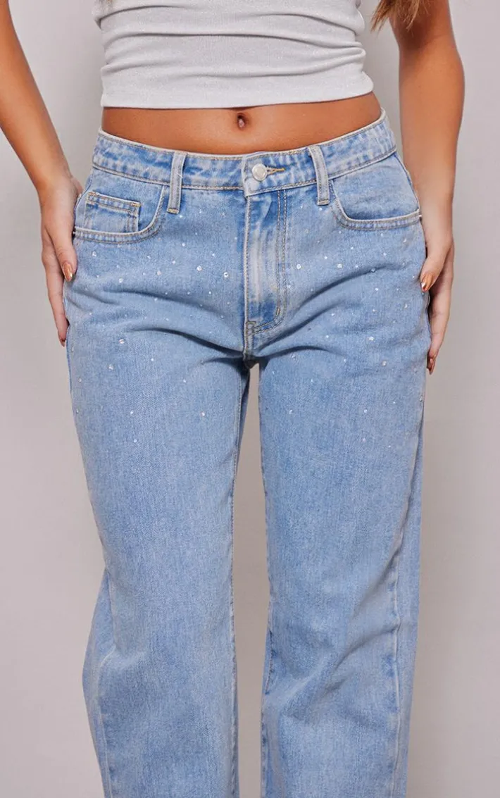 Light Blue Wash Diamante Straight Leg Jeans